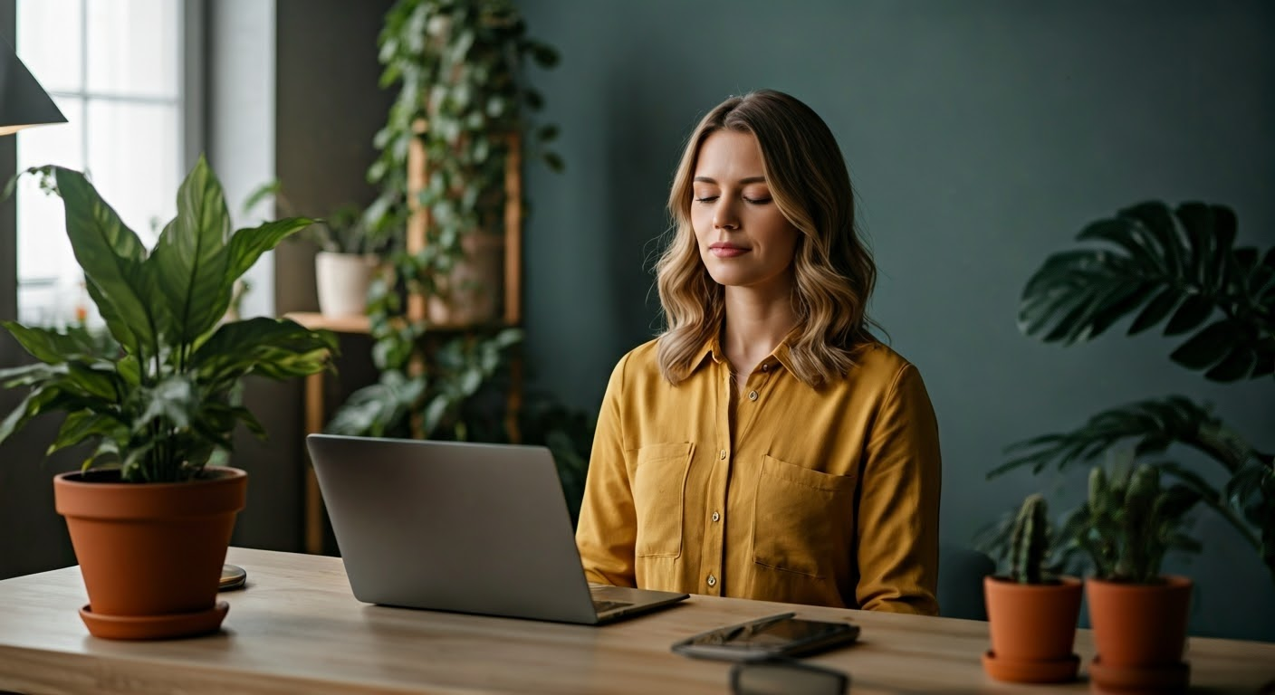 woman getting ready to tackle her day at home office